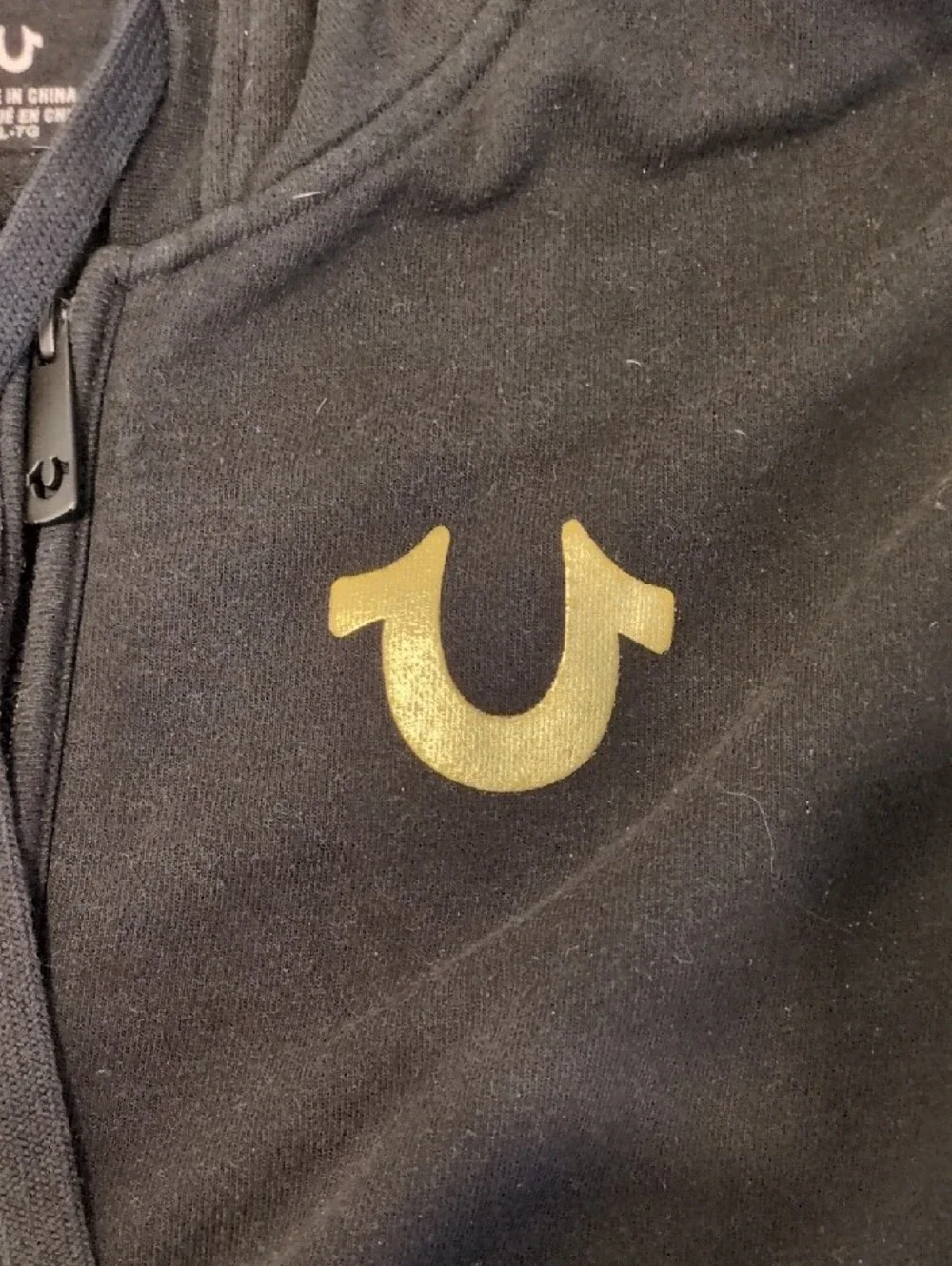 True Religion Black Zip-Up Hoodie with World Tour Gold Back Logo